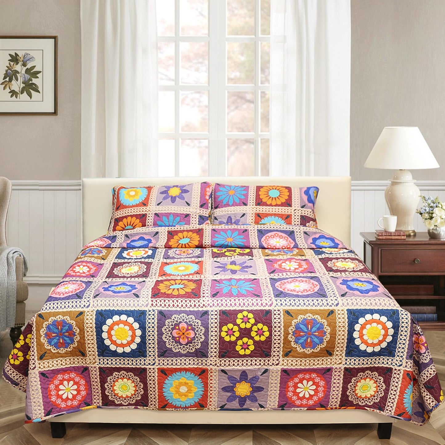 Benlarky Patchwork Quilt Set Queen Size 3 Pieces Set Quilts Crochet Style Bohemian Bedspread Coverlet Set for All Season Reversible Boho Bed Cover Bedding Set 1 Quilt and 2 Pillow Shams, 96" x 92"