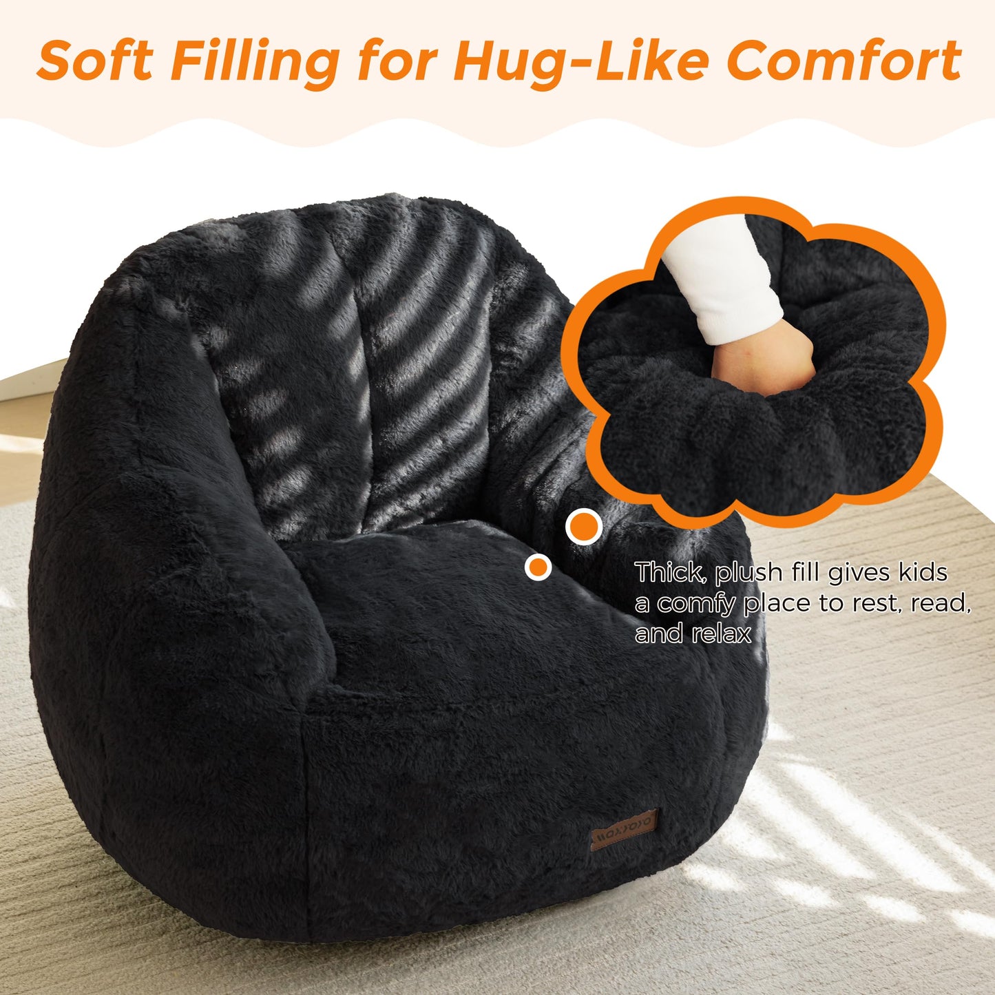 MAXYOYO Kids Bean Bag Chair, Comfy Bean Bag Sofa with Back Support, Faux Fur Cute Chair for Boys and Girls, Stuffed Floor Sofa for Nursery, Bedroom, Black