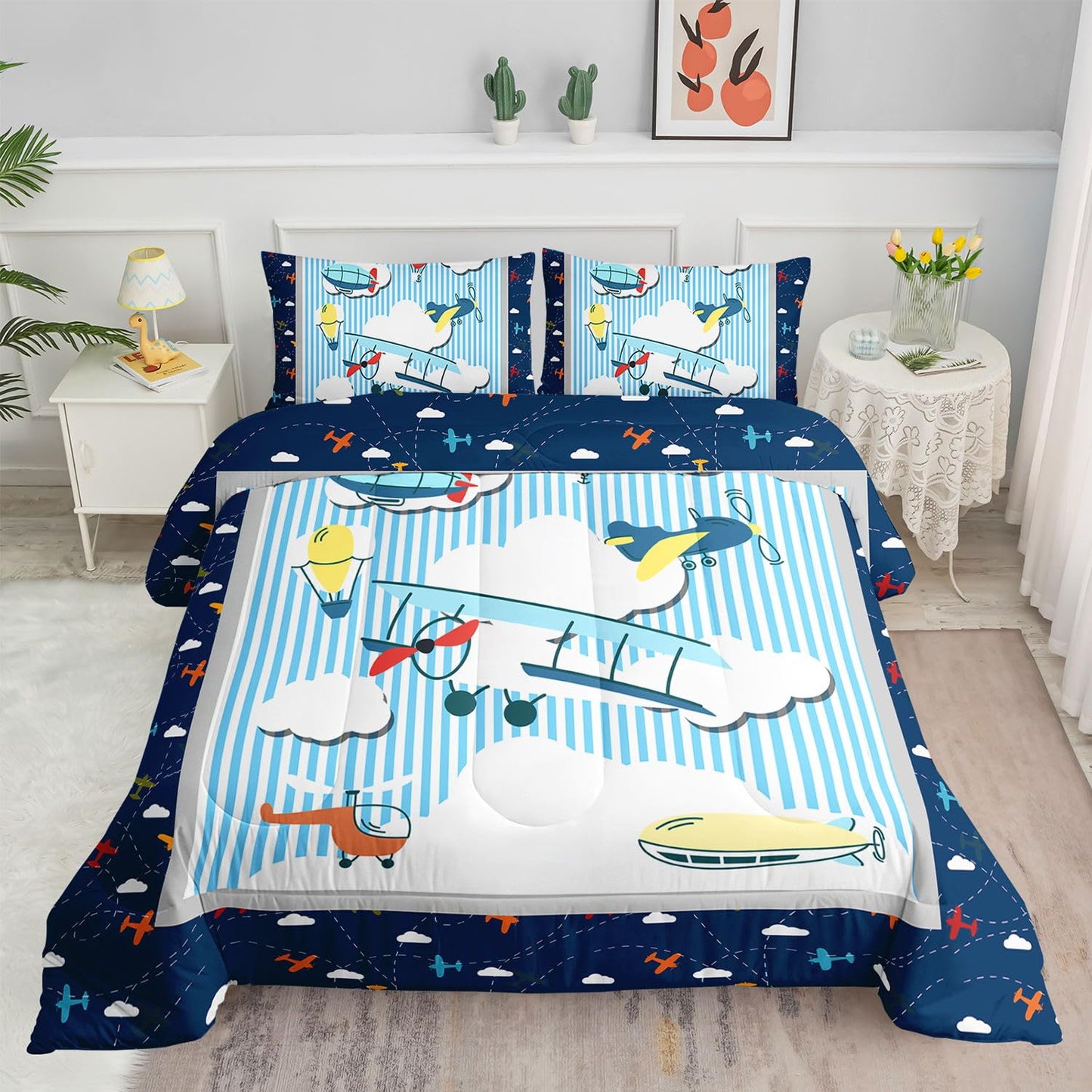 Smell Sunshine Kids Comforter Set Cartoon Airplane Printed Pattern Bedding Set with 1 Comforter and 2 Pillowcases for Girls Boys Bedroom All Season(Cartoon Airplane Full)
