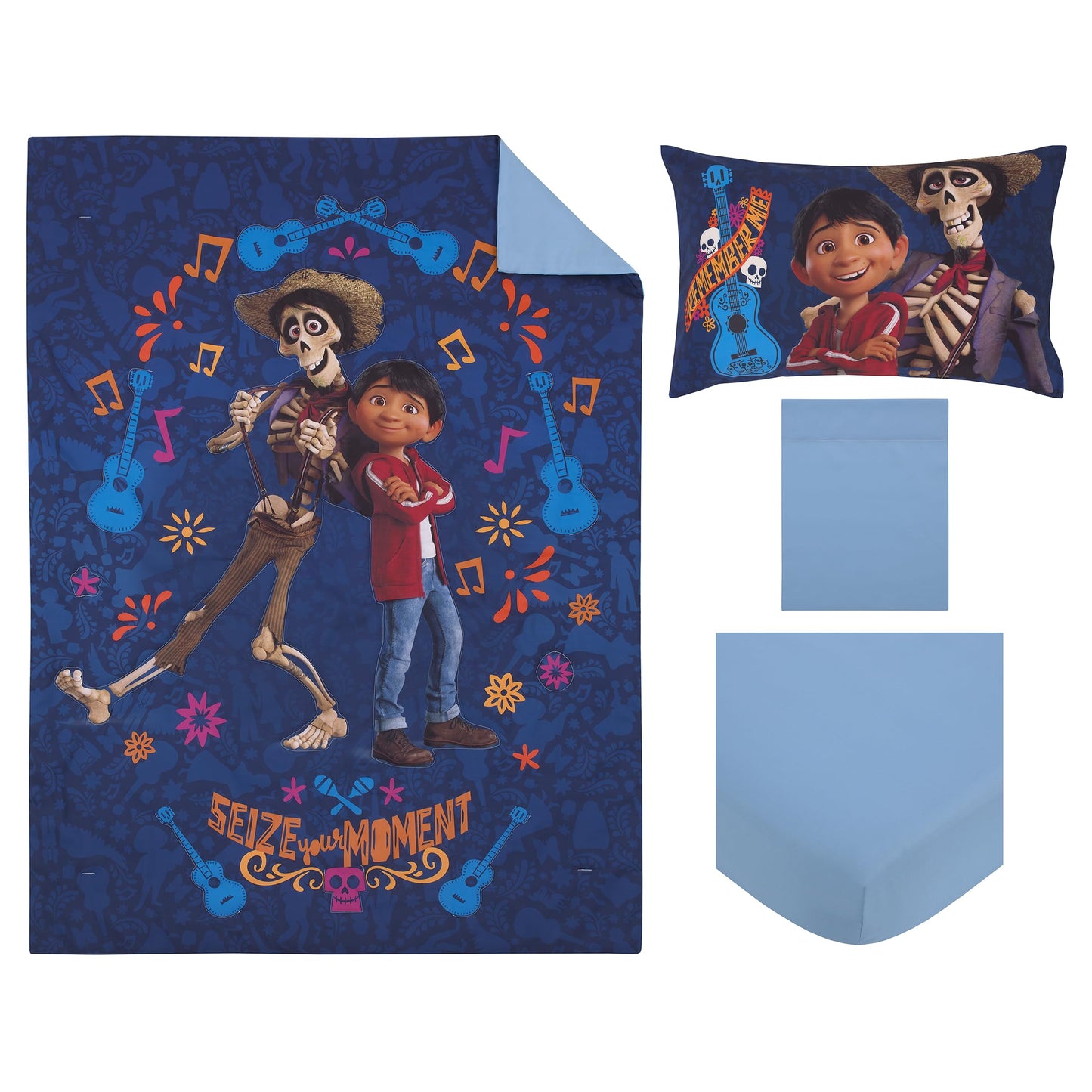 NoJo Disney Coco Navy, Orange, and Light Blue, Seize Your Moment 4 Piece Toddler Bed Set - Comforter, Fitted Bottom Sheet, Flat Top Sheet, and Reversible Pillowcase