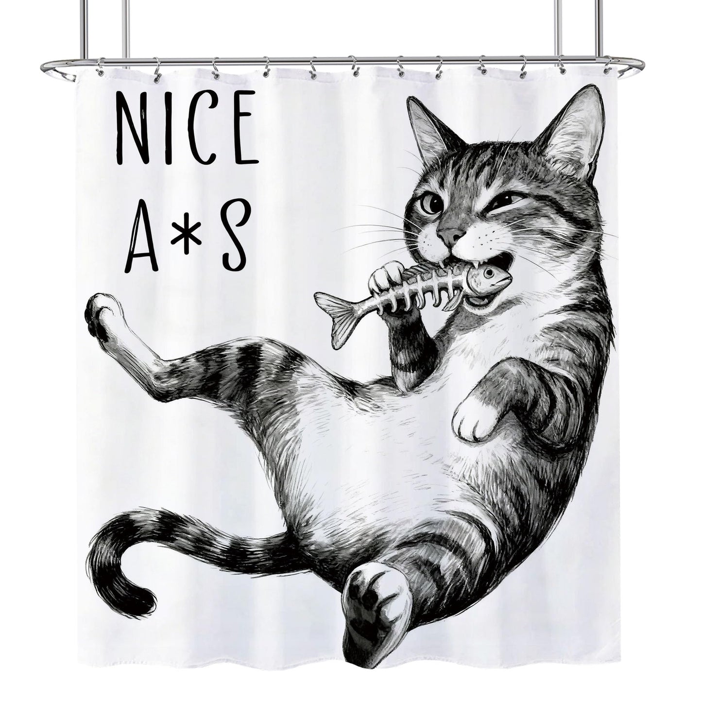 Opeoddie Cute Cat Shower Curtain Fun Animal Boys Kids Shower Curtains Sets for Bathroom Cats Fish Whimsical Ridiculous Black and White Bath Curtain Kitten Teen Funny Bathroom Decor 60x72 Inch