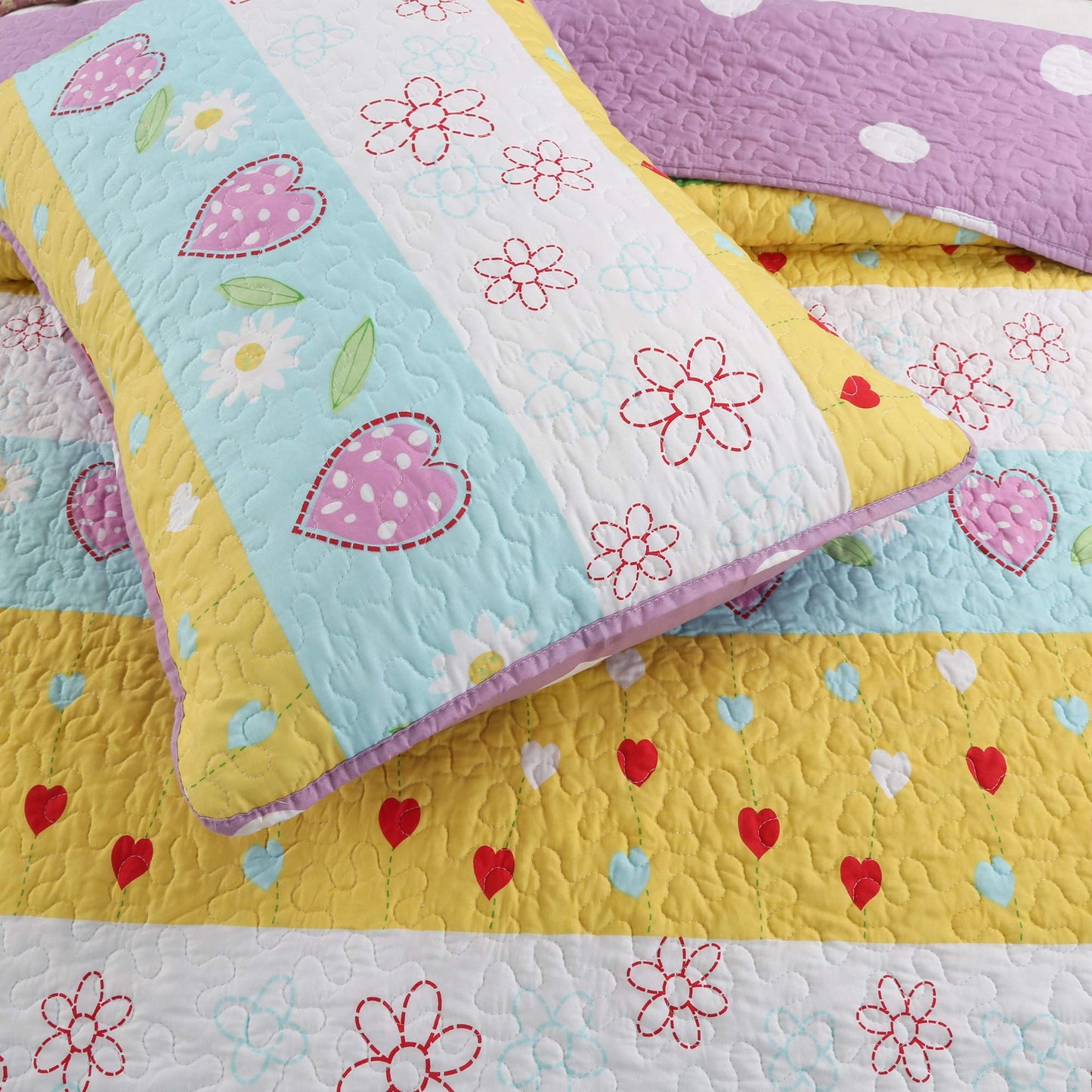 Cozy Line Home Fashions Floral Heart Print Reversible Girl Bedding Quilt Set, Bedspread, Coverlet (Flower Garden, Twin - 2 Piece)