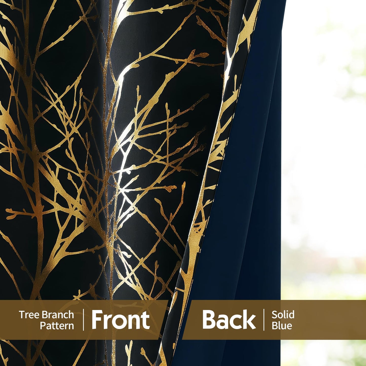 FMFUNCTEX 100% Blackout Curtains for Bedroom, Gold Foil on Black Curtains 84 Inches Long Curtains for Living Room, Metallic Tree Branch Print Drapes, Thermal Insulated Curtain Grommet Top 2 Panels