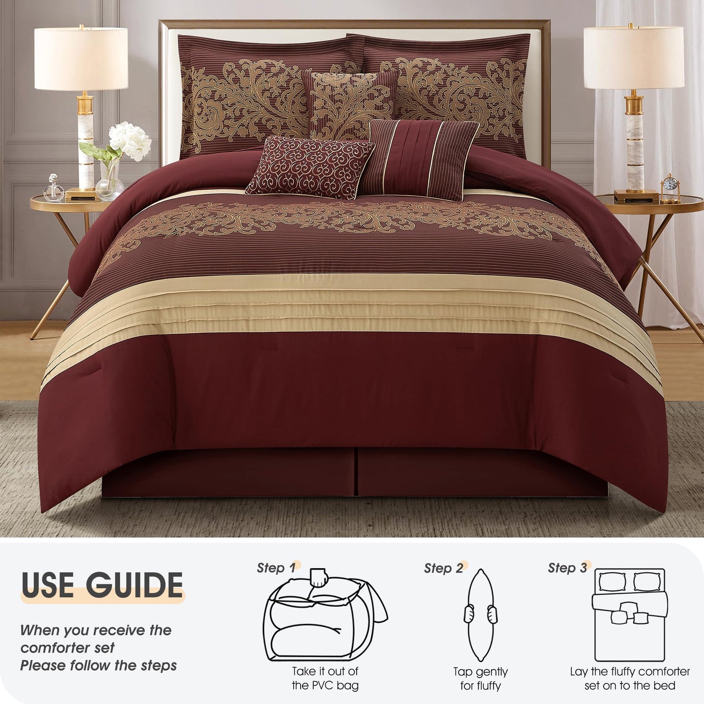 LANCO MODERN LIFESTYLE Red Gold Comforter Set, Queen, Damask Jacquard with Matching Solid Piece Work, 7 Piece Soft Bedding Set for All Season, Bed Skirt, Pillow Shams and Decorative Pillows