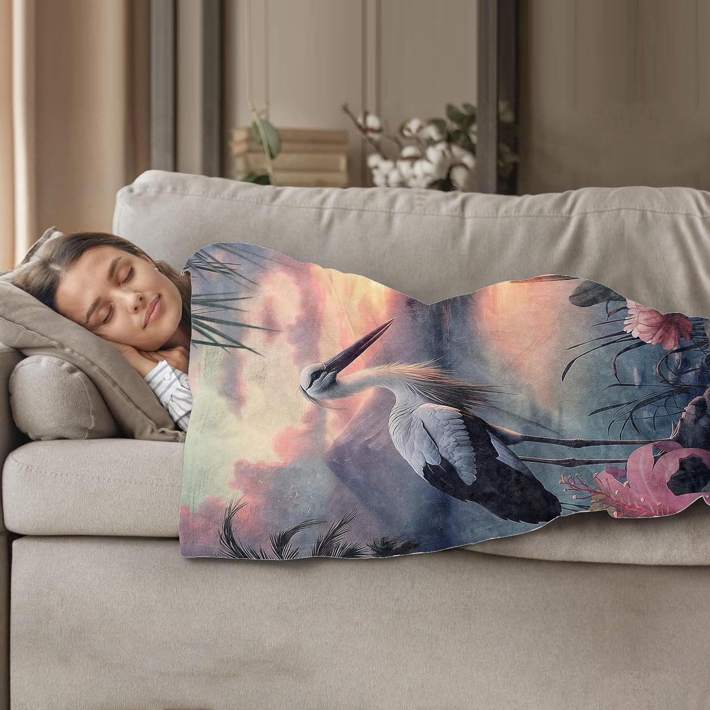 Plistiz Serene Crane Throw Blanket 50x60 Inch, Wildlife Themed Blankets for Tranquil Home Decor, Crane in a Mystical Landscape, Flannel Polyester, Peaceful Gift for Bird Watchers