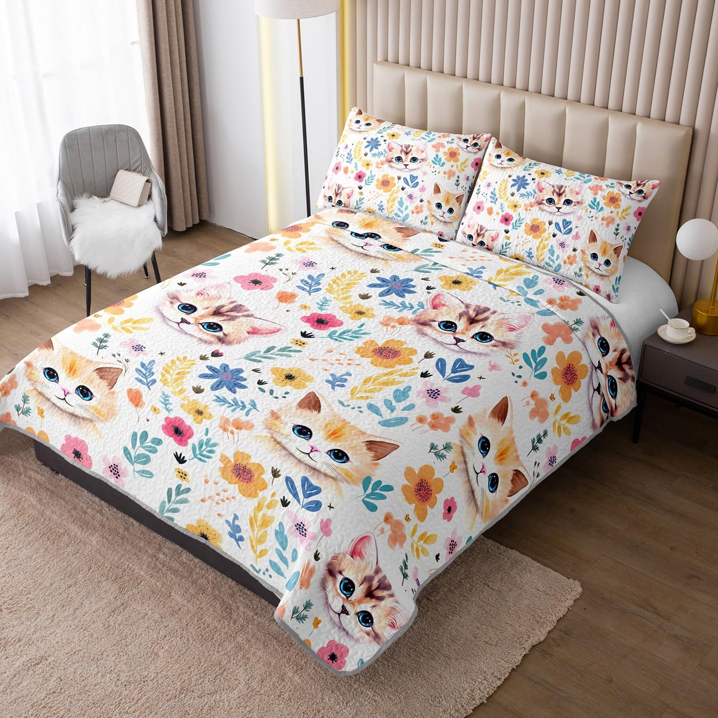 UEVBF Kawaii Cat Quilt Set,Orange Cat Flowers Pattern Bed Set for Toddler Kids Girls Room Decor,Cute Bedding Queen Quilted Sets with 2 Pillowcases.