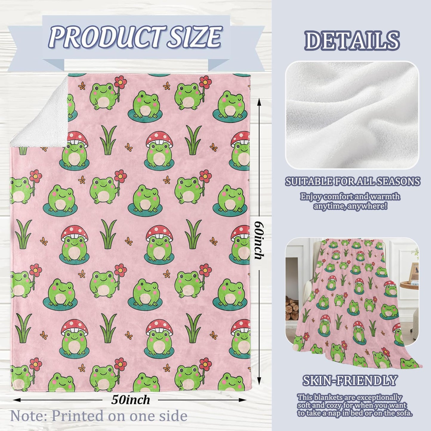 Cute Frog Blanket, 60 x 50 Inch Flannel Adorable Cartoon Frogs Animal Throw Blanket, Gifts for Women Girls Boys Adults Kids, Lightweight Cozy Warm Blankets for Sofa Travel Home Decor