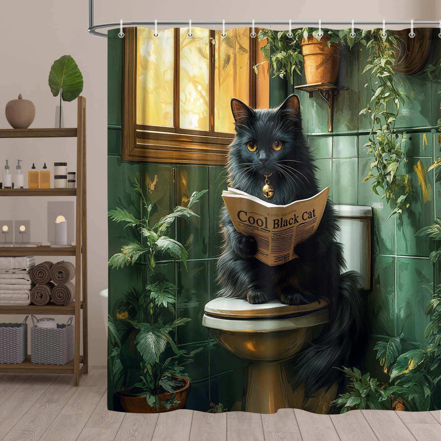 YDIDIAN Funny Black Cat Shower Curtain, Fun Animal Restroom Fabric Shower Curtains for Bathroom, Cat Toilet Reading Newspaper Bath Decor Decorative, with Hooks, 70X70IN
