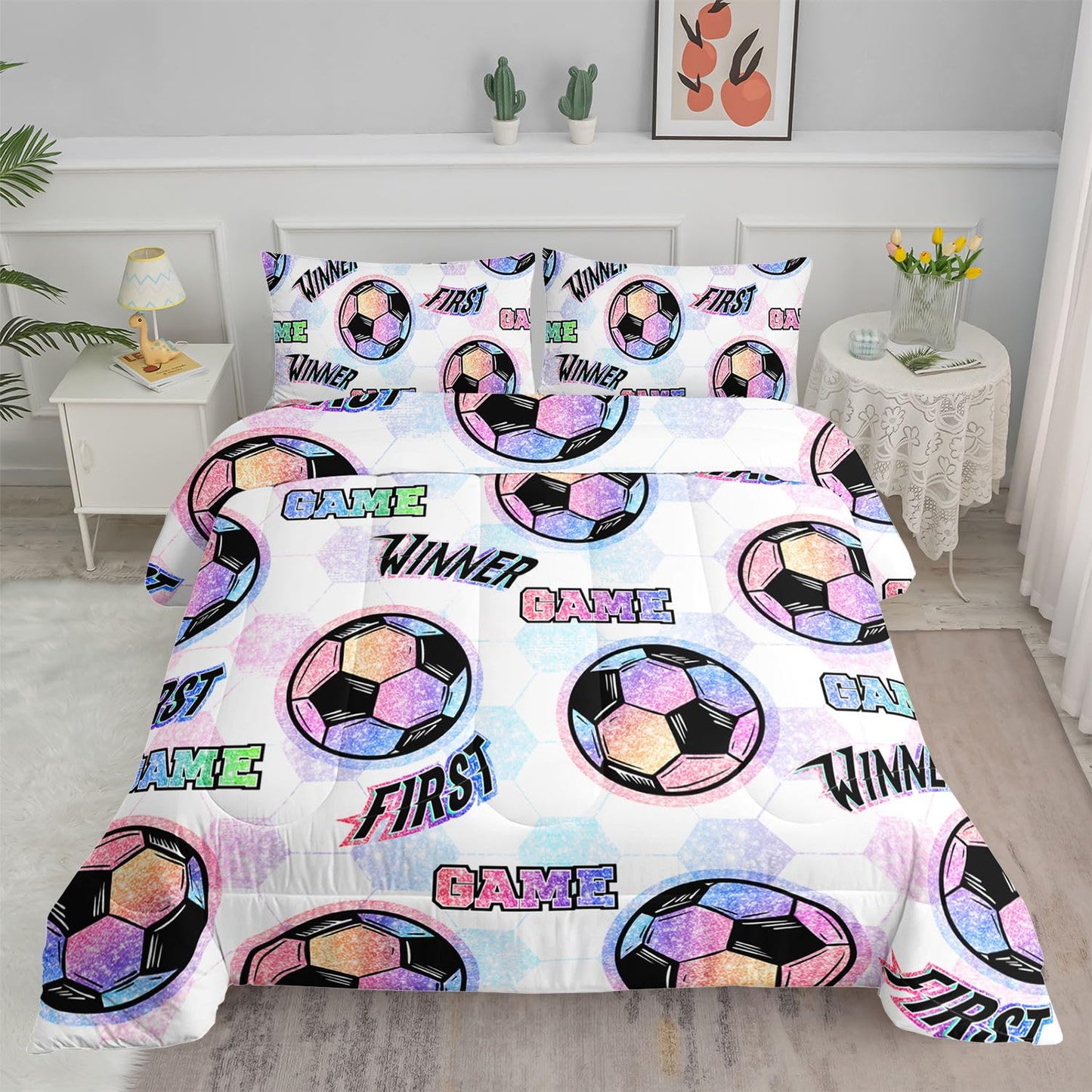 Smell Sunshine Soccer Comforter Set Sport Themed Printed Bedding Set with 1 Comforter and 2 Pillowcases for Boys and Girls Bedroom All Season(Soccer Twin)