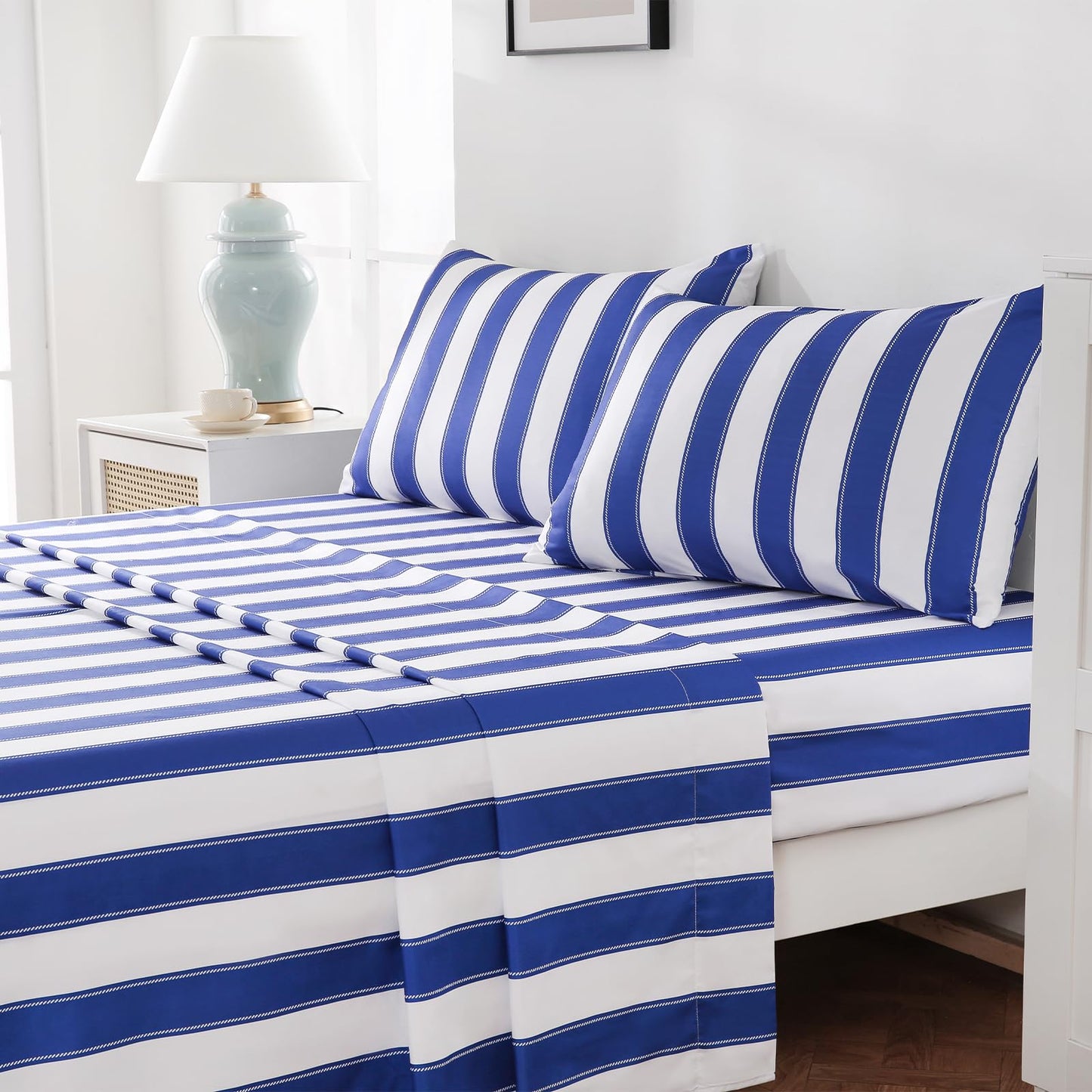 MCO 4Pieces Striped Sheets Set, Breathable Queen Sheet Set with 16" Deep Pocket,Modern & Luxury, Brushed Microfiber Bedding Set(Queen, Navy Blue)