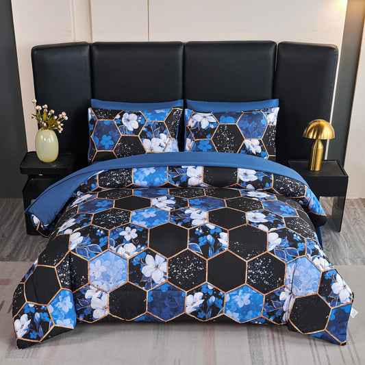 ANGIYUIN 7 Pieces Blue Black Full Size Bedding Sets Marble Comforter Set White Floral Bedding Comforter Sets Gold Geometric Bed in A Bag with Sheets for Women Men
