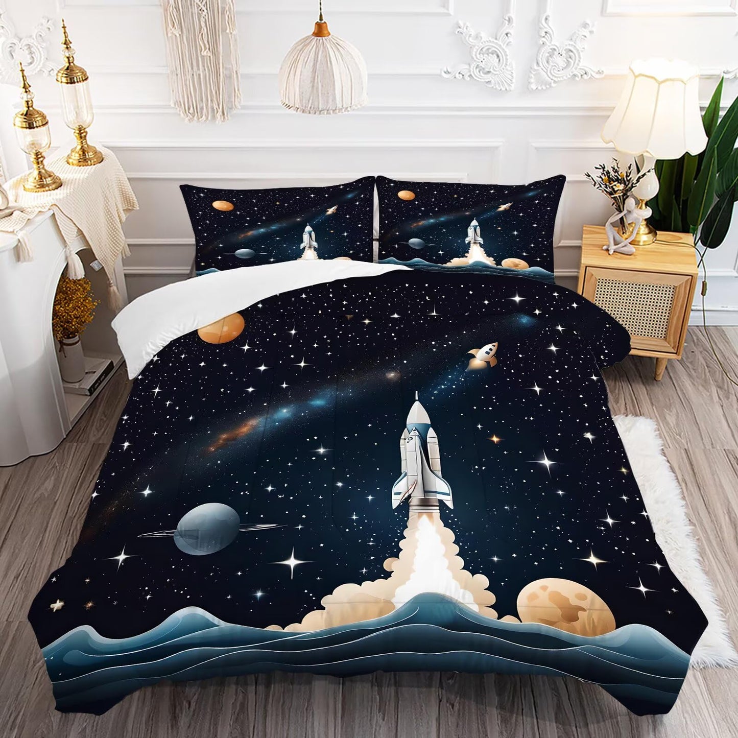DJNEAR Space Comforter Set Full Size Blue Galaxy Bedding Sets for Kids Boys Girls Teens Adults Bedroom Starry Planet Rocket Quilt 1 Comforter 2 Pillowcases
