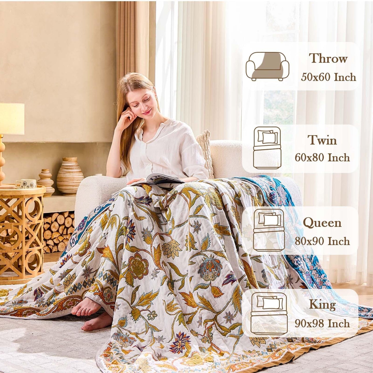 XIBLC Fall Throw Blanket for Couch, Brown Boho Decorative Throw Blanket, 100% Cotton Muslin Breathable Woven Farmhouse Blankets Quilt, 60"x80" Reversible Lightweight Blankets Bohemian Throw Quilt