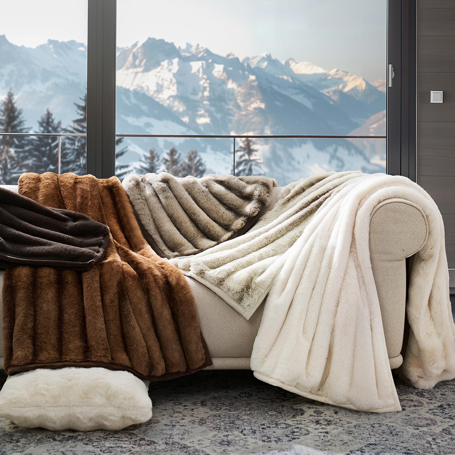 EverGrace Soft Luxury Faux Rabbit Fur Throw Blanket for Couch, Cozy Fluffy Channel Throw Blanket for Bed, Fuzzy Warm Thick Mink Blanket with Reversible Velvet for Winter, Chocolate, 50"x60", 820GSM