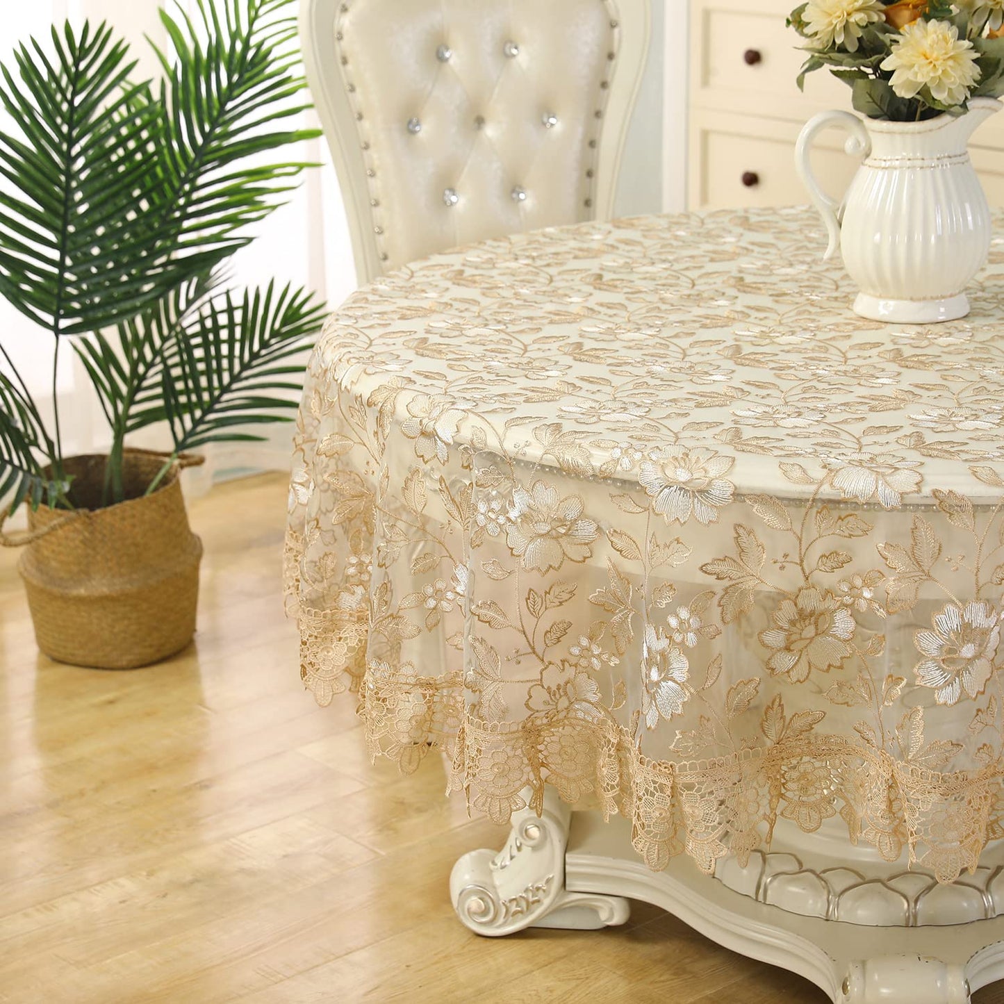 ZHUIDUSI 90 Round Tablecloth Lace Table Cloth Circle Macrame Vintage Shabby Chic Embroidered Gold Brown Table Cover for Kitchen Dining-Room Summer Holiday Outdoor Picnic, R10971