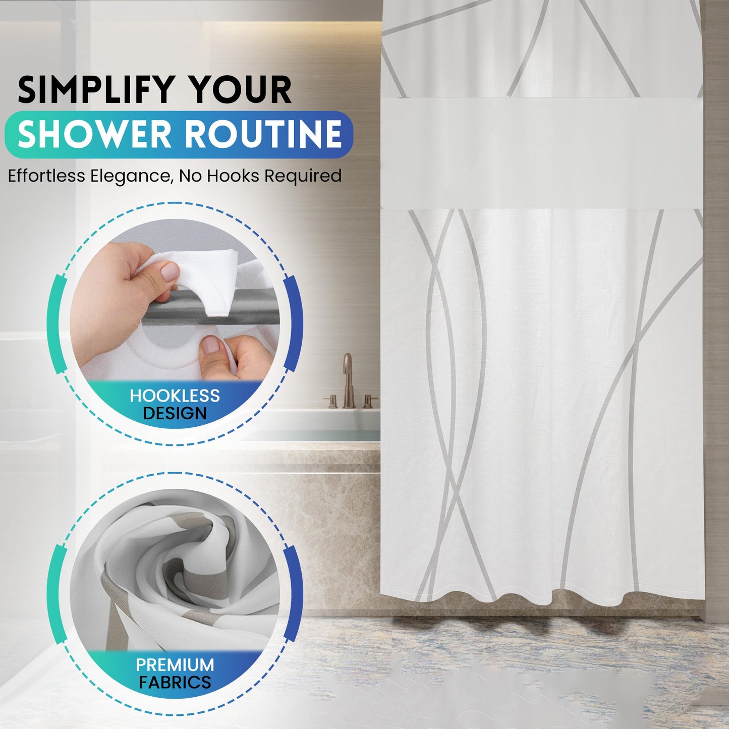 No Hook Shower Curtain with Snap in Liner - Fabric with Mesh Window - No Hook Shower Curtain and Liner Set - White Shower Curtain Liner for Bathroom - 71 x 74 inches