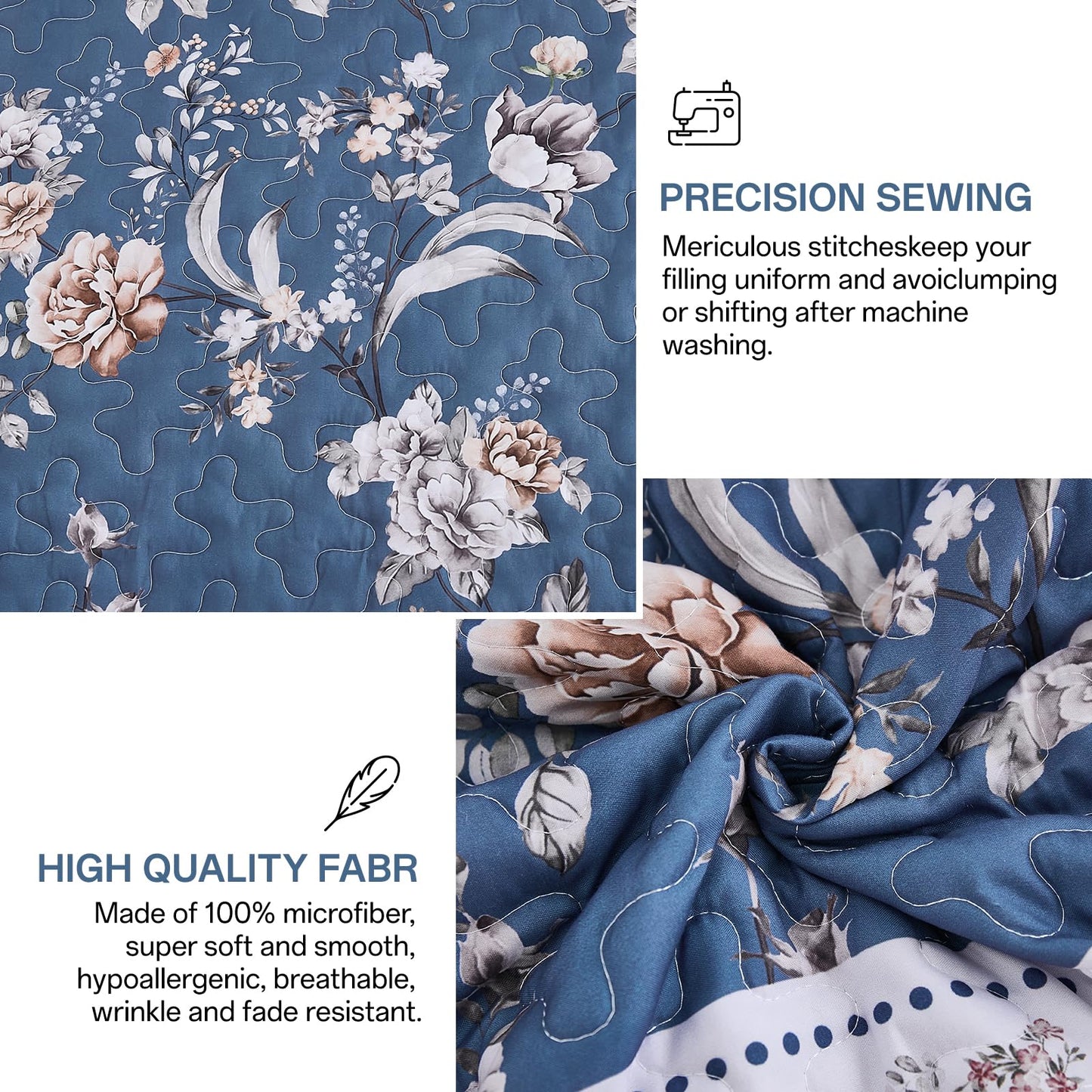 Xruibed Navy Quilt Set Queen Size, 3PCs Antique Rose Navy Quilt Coverlet Set, Lightweight Soft Microfiber Floral Bedspread with 2 Pillowcases for All Season (Queen Size 96"x90")