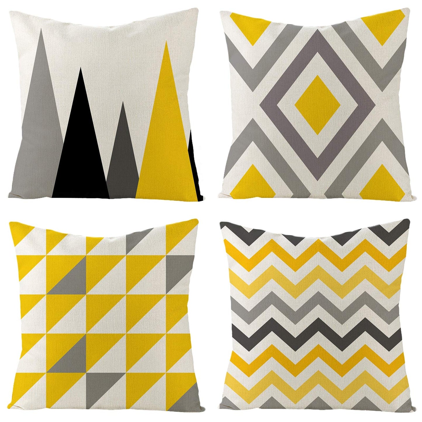 Tosewever Set of 4 Decorative Geometric Yellow Grey 18 x 18 Inches Throw Pillow Covers - Modern Pattern Linen Square Pillow Cushion Case for Sofa Couch Bed Home Decor Outdoor (18" x 18", Yellow/Gray)