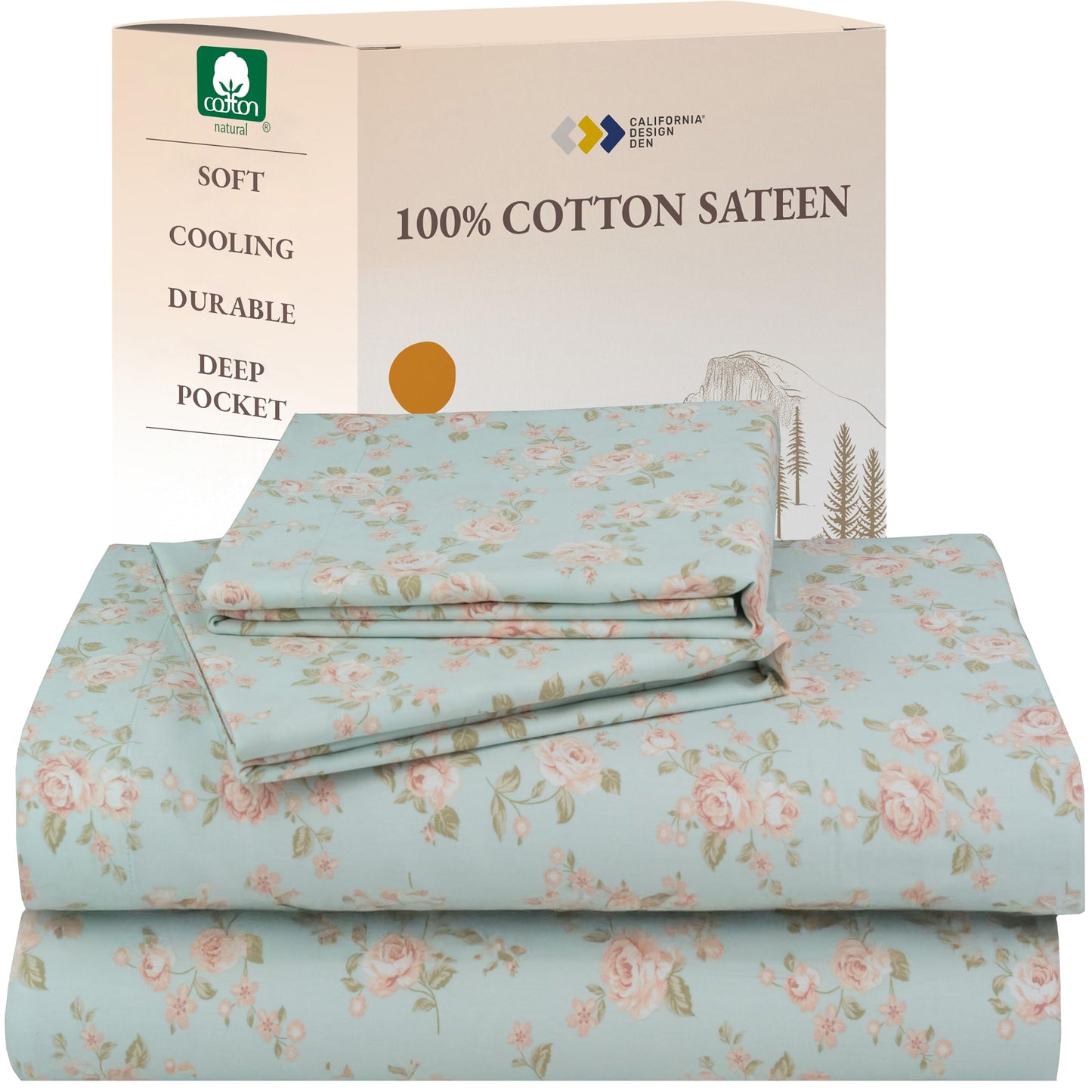 California Design Den Printed Pattern Rose Queen Sheet Set, 100% Cotton Sateen Deep Pocket Queen Sheets & Pillowcase Set - Vintage Rose