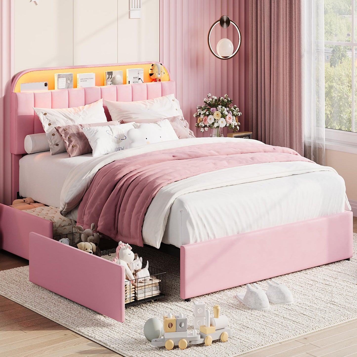 Garvee Full Size Bed Frame with 2 Flexible Drawers, Velvet Upholstered Platform Bed Frame with Bookcase Headboard and LED Lights, Kids Bed for Girls, Easy Assembly, Noise Free, Pink