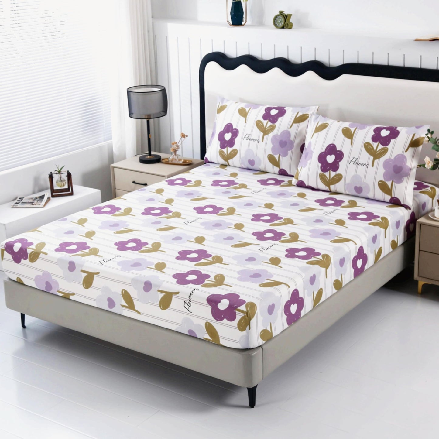 SDIII Purple Floral Twin Fitted Sheet with 2 Pillowcases, Deep Pocket Soft Microfiber Purple Floral Sheet Twin Size All Season