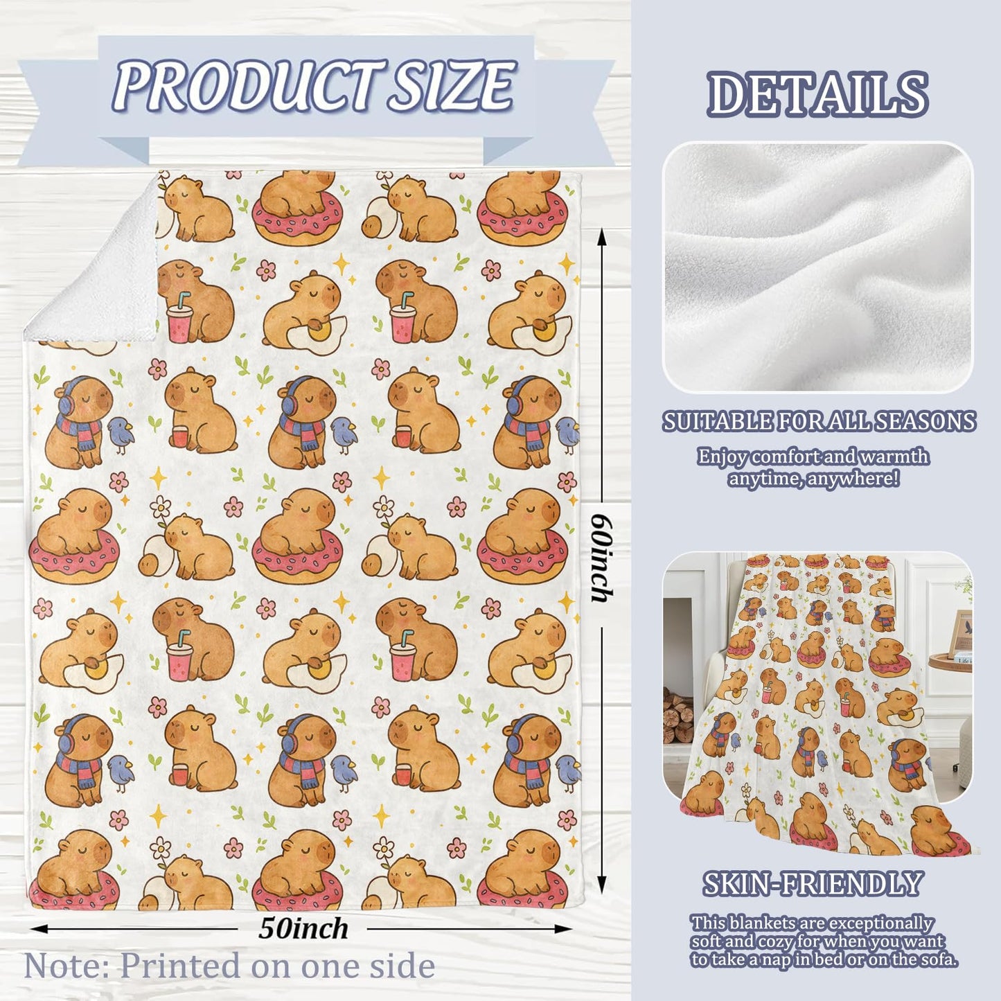 Cute Capybara Blanket, 60 x 50 Inch Flannel Adorable Animal Throw Blanket, Capybaras Gifts for Women Girls Boys Adults Kids, Lightweight Cozy Warm Blankets for Sofa Travel Home Decor