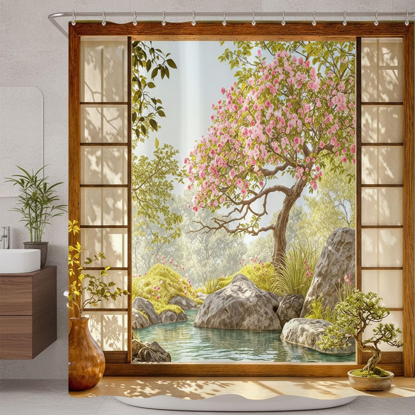 Lifeel Japanese Zen Garden Shower Curtain, Sakura Rock Pond Oriental Peaceful Scenery Bathroom, 72x72 inch