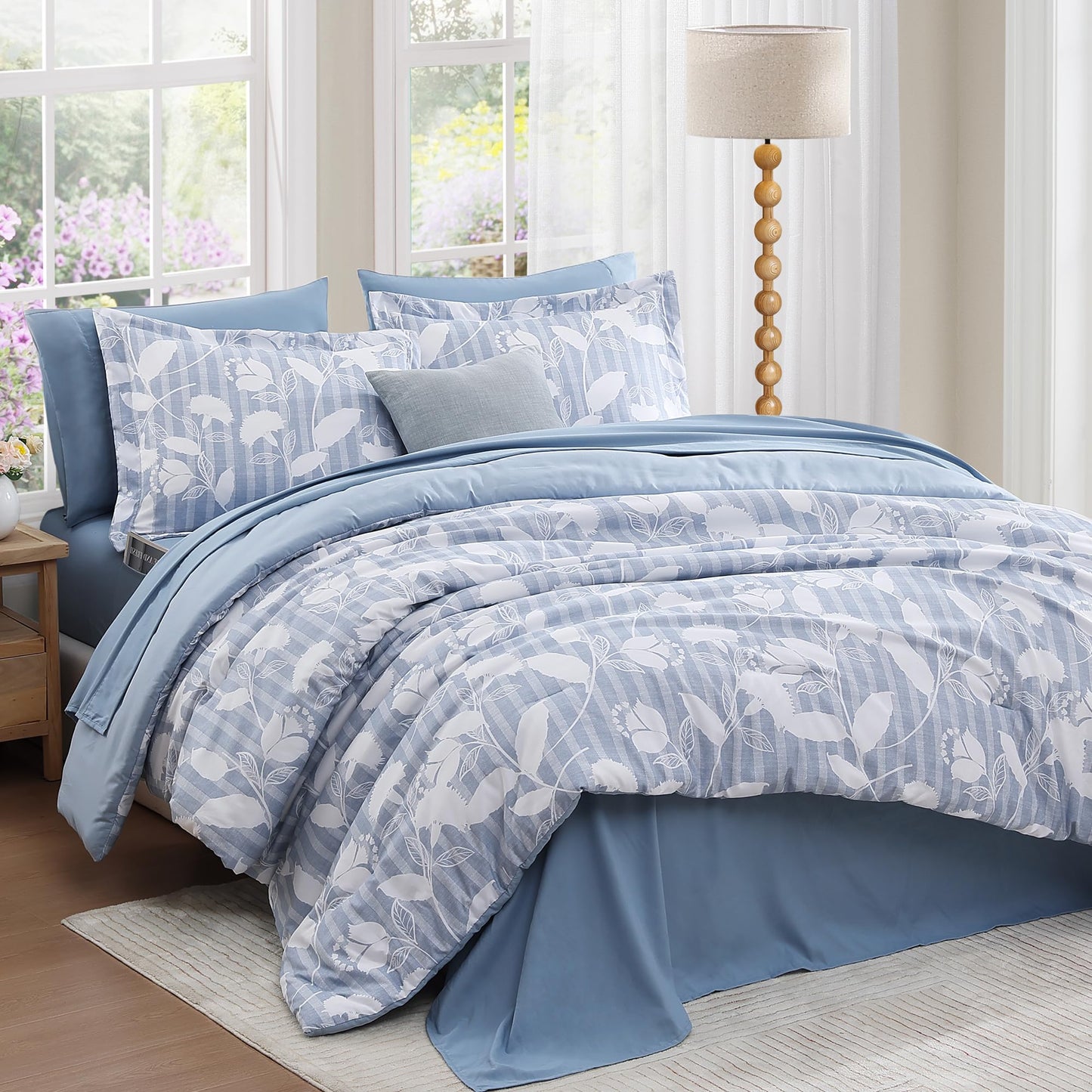 BLOOMHAVEN Queen Comforter Set -7 Pieces Blue Floral Comforter Set for All Seasons, Bed in a Bag Queen with Botanical Flowers Comforter, Sheets, Pillowcases & Shams