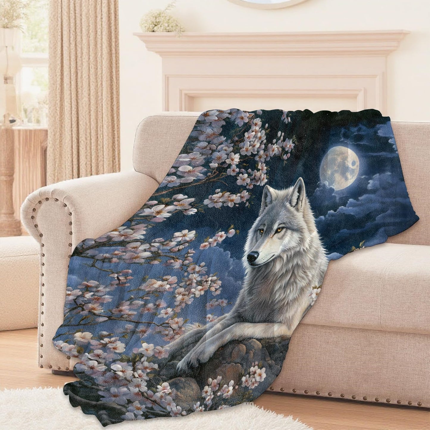 Lugiu Moonlit Wolf Blanket, Lightweight Comfy Serene Wolf Among Cherry Blossoms Blankets for Couch Sofa Bedroom, Soft Plush Travel Flannel Throw Blanket Gifts for Adults Kids Women, Home Decor 60×50in