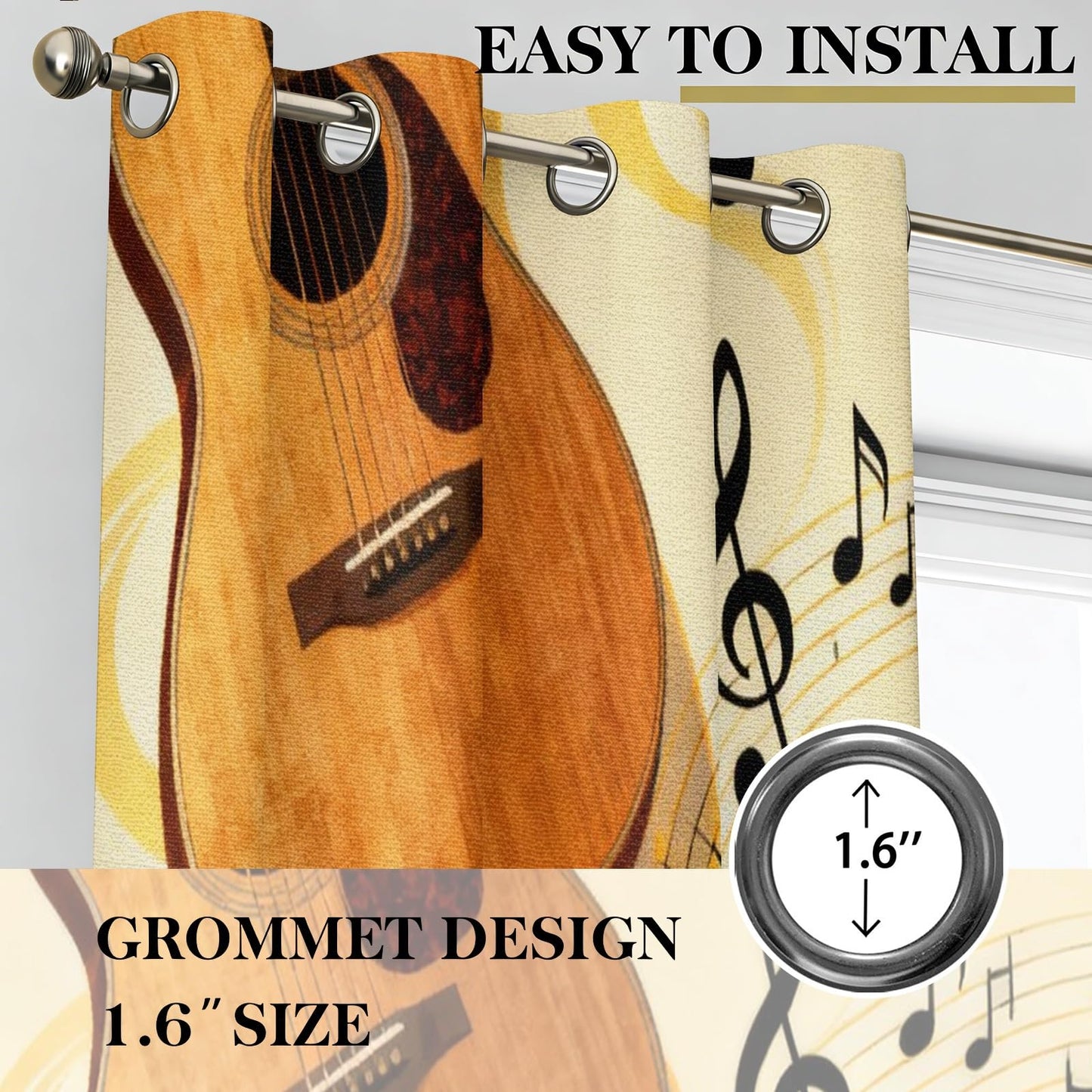 MBVZGUK Vintage Guitar Music Note Curtains 96 Inch Long 2 Panels, Classical Acoustic Electric Guitar Pattern Window Drapes, Thermal Insulated Blackout Curtains for Music Studio