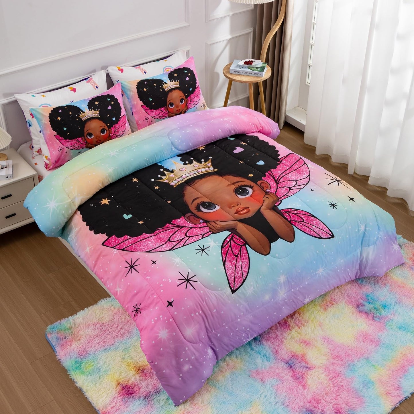 A Nice Night Black Girl Princess with Wings Comforter Set,Pink Gradient Glitter Rainbow Galaxy 6pcs Kids Twin Size Bedding Set,Room Decor for Girls