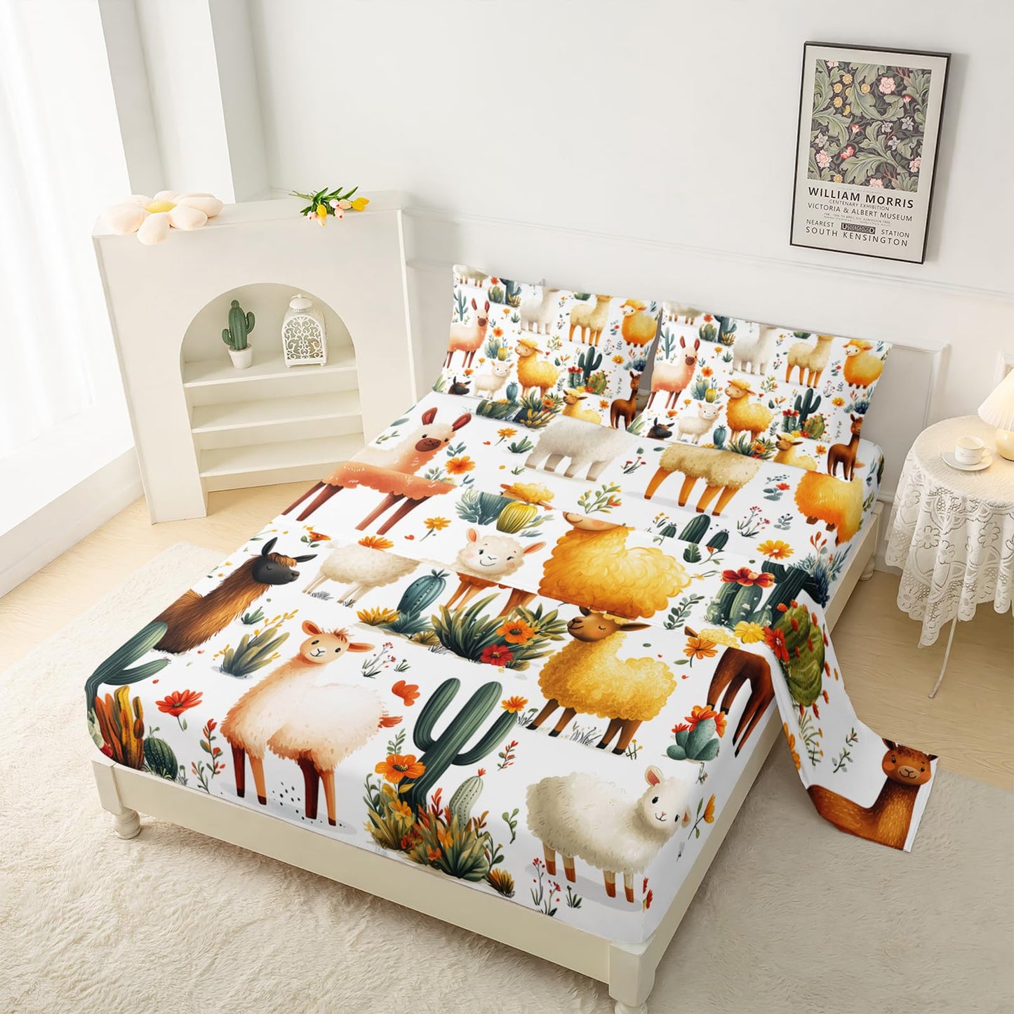 QOOMO Cute Llama Kids Bed Sheets Full Size,Kawaii Alpaca Print Bedding Sheet Set,4Pcs Cartoon Animal Deep Pocket Bed Sets with 1 Fitted Sheet 1 Flat Sheet 2 Pillowcases for Boys Girls Teens