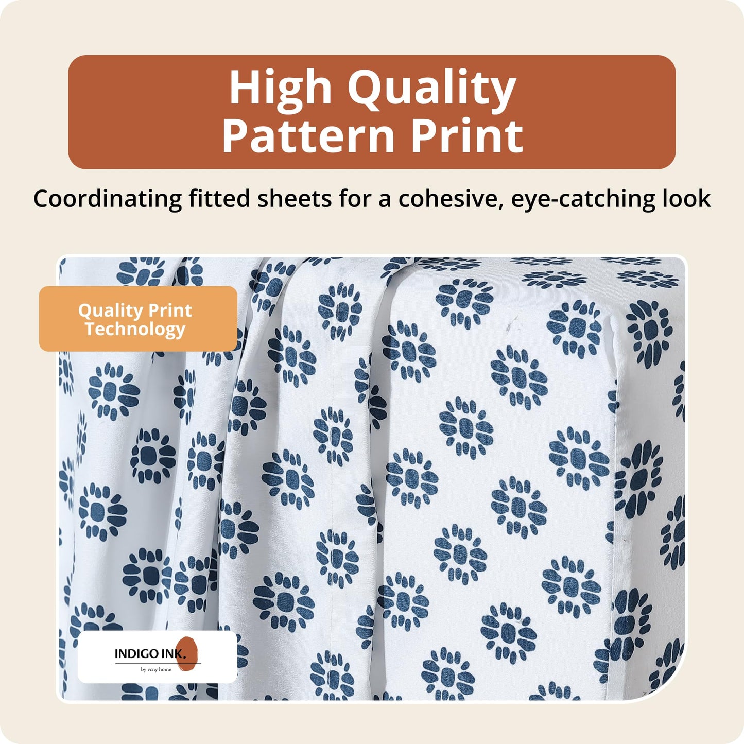 Indigo Ink Queen Size 4-Piece Sheet Set - Fitted & Flat Sheets & Pillowcases, Medallion Pattern, Soft & Breathable, Durable, Wrinkle Resistant Fabric, Deep Pocket Sheets, Panther Collection Blue