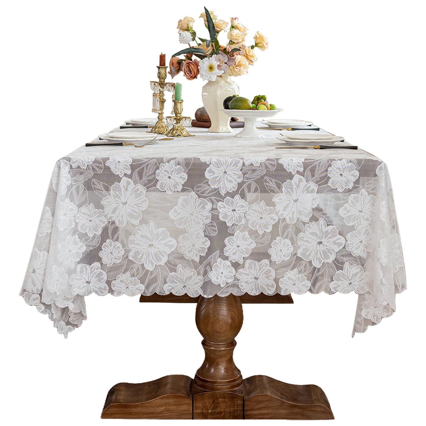 Floral Lace Cutout Rectangular Tablecloth Elegant Jacquard Lace Table Cover Romantic Farmhouse Tablecloth Decorative Dining Table Cloth for Kitchen, Dining Room, Wedding, Party (Camellia, 55''x86'')