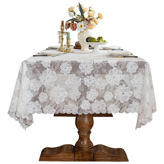 Floral Lace Cutout Rectangular Tablecloth Elegant Jacquard Lace Table Cover Romantic Farmhouse Tablecloth Decorative Dining Table Cloth for Kitchen, Dining Room, Wedding, Party (Camellia, 55''x86'')