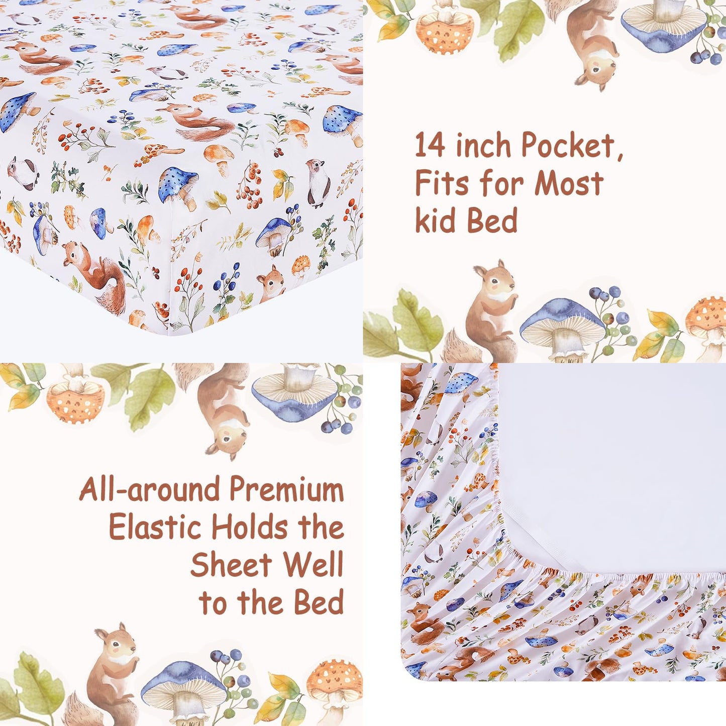 lasoftan Kids Sheet Set Twin Size, Twin Sheet Set with Oil Squirrel Pattern，Breathable Silky Soft Microfiber Kids Fitted Sheet