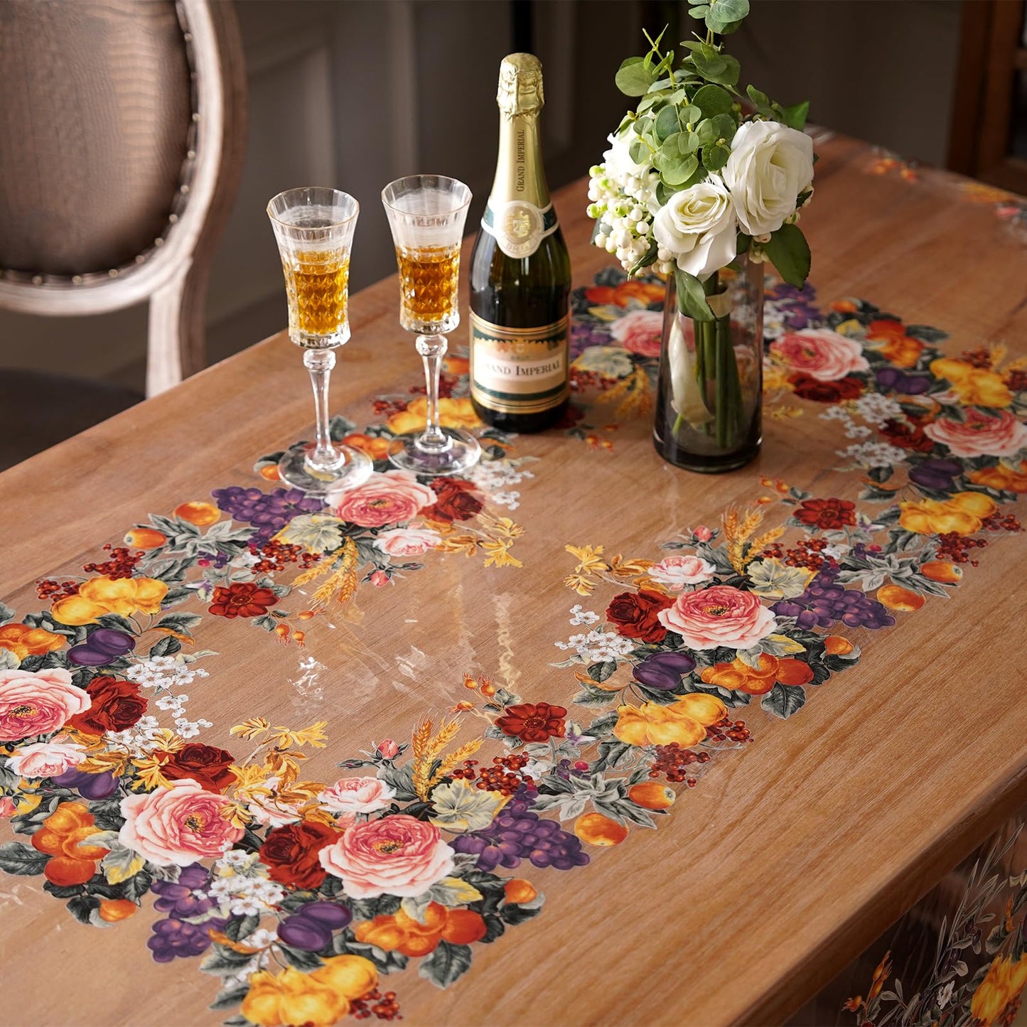 Artbloss Clear Table Cover Protector Vinyl PVC Rectangle Table Cloth with Floral Fruit Pattern Oil Spill Proof Plastic Tablecloths for Dining Tables Parties Holidays (Floral Fruit, 52 x 70 Inches)