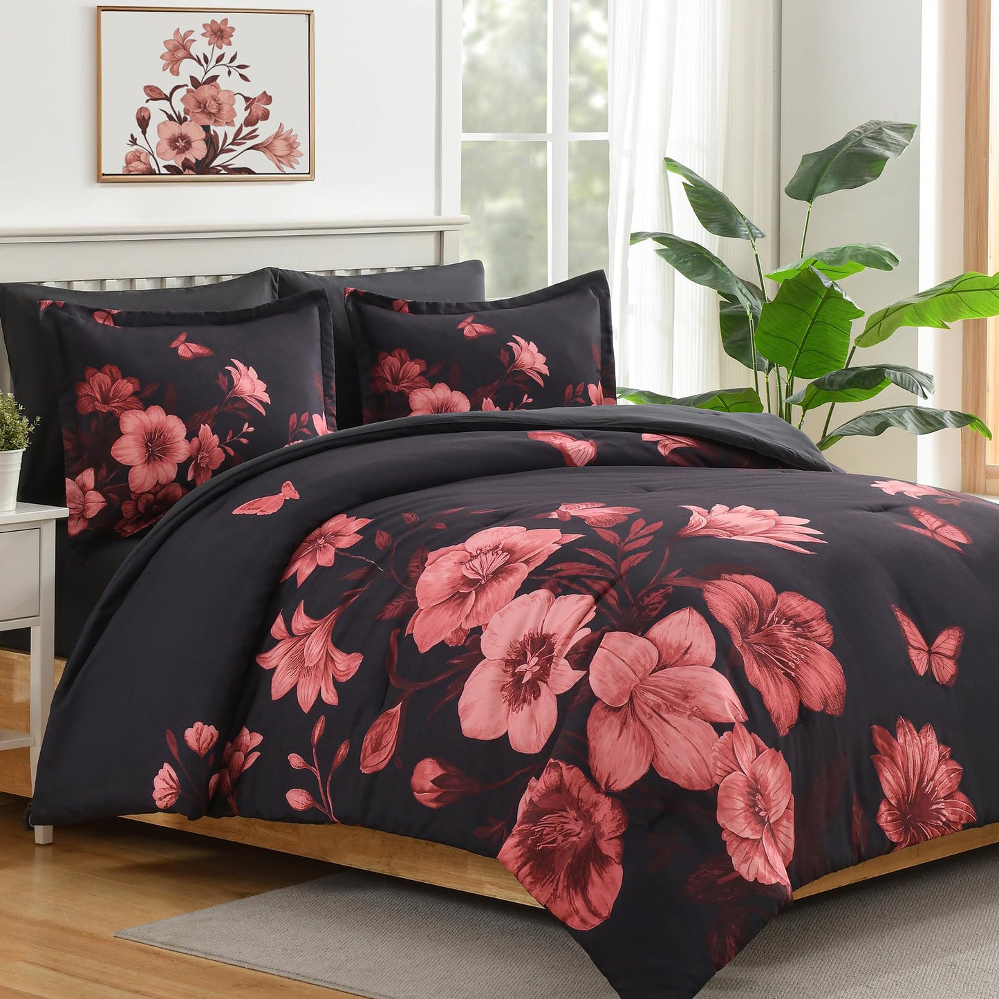 DHSFKBE Floral Comforter Set Queen Size, 7 Piece Black Bed in a Bag, Elegant Flower Pattern Comforter Set with Sheet, Soft Microfiber Complete Bedding Sets for All Season