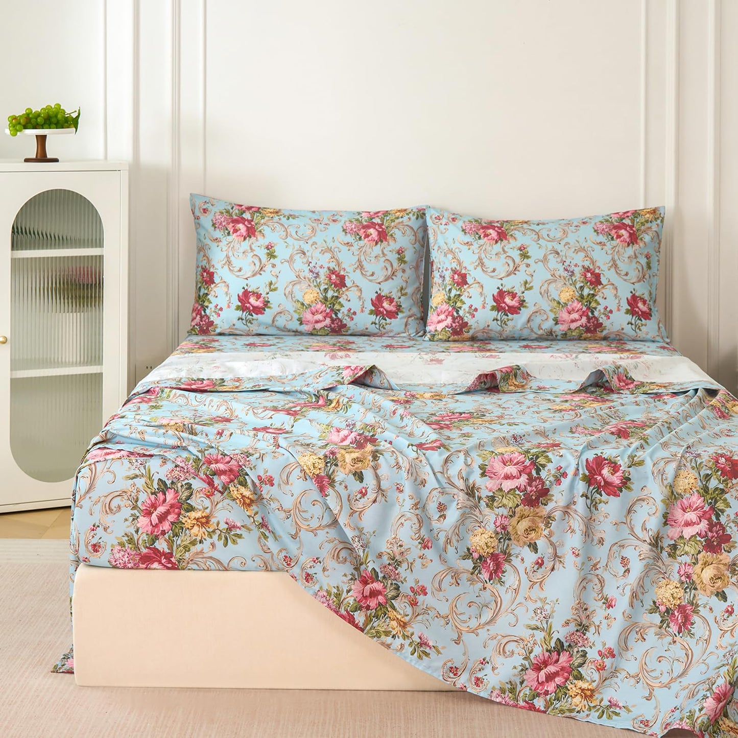 Zusbest Queen Sheet Set Blue Red Floral Bed Sheets 100% Cotton, Luxury Premium Bedding Breathable for Hot Sleepers American Country Style Shabby Vintage Flower Deep Pocket Bed Set 17.5‘’ 4Pcs