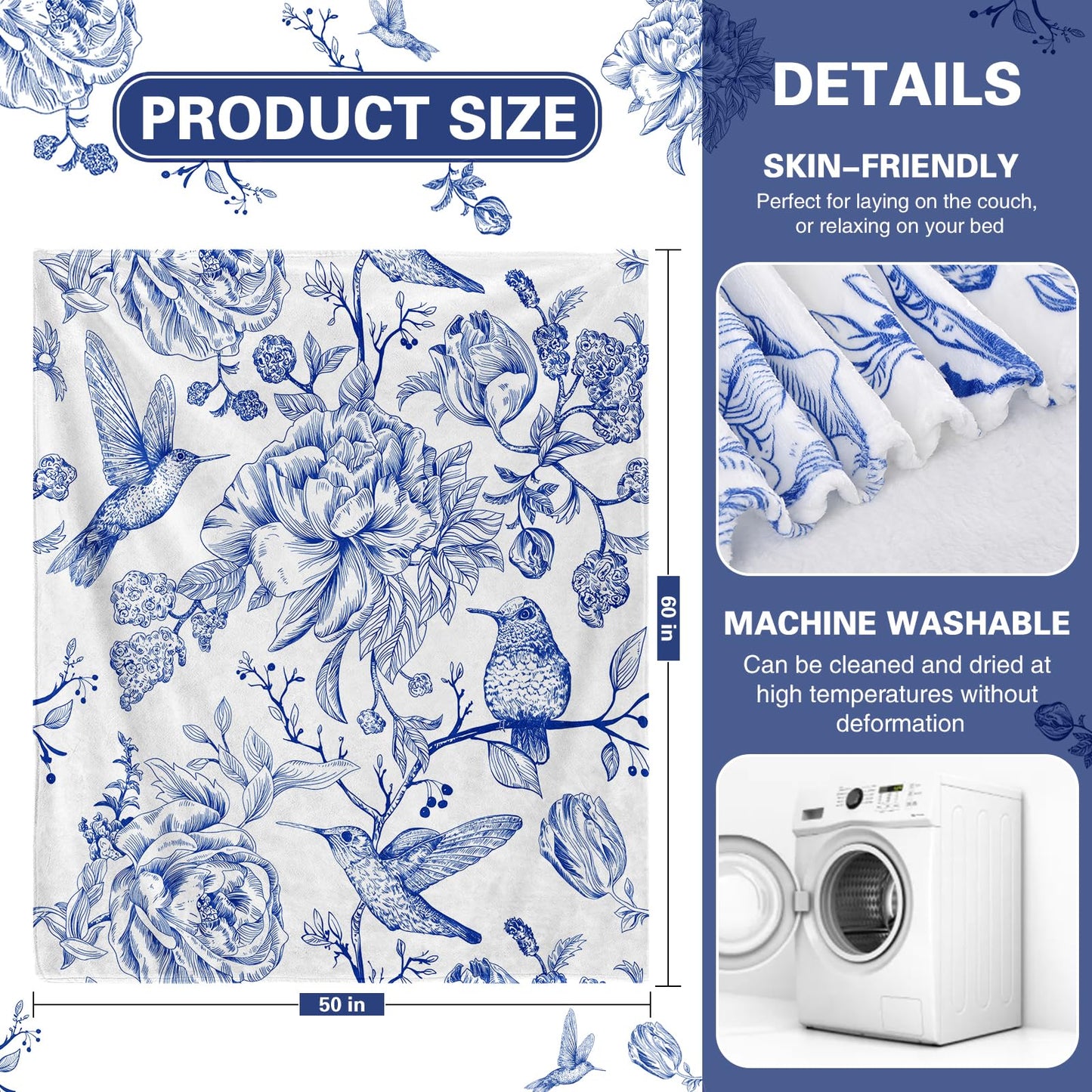 yuboo Blue Floral Throw Blanket, Blue and White Chinoiserie Flannel Blanket with Hummingbird and Flower Design, Soft 50 x 60 Inch Throw for Couch, Bed, Living Room, Bedroom Decor