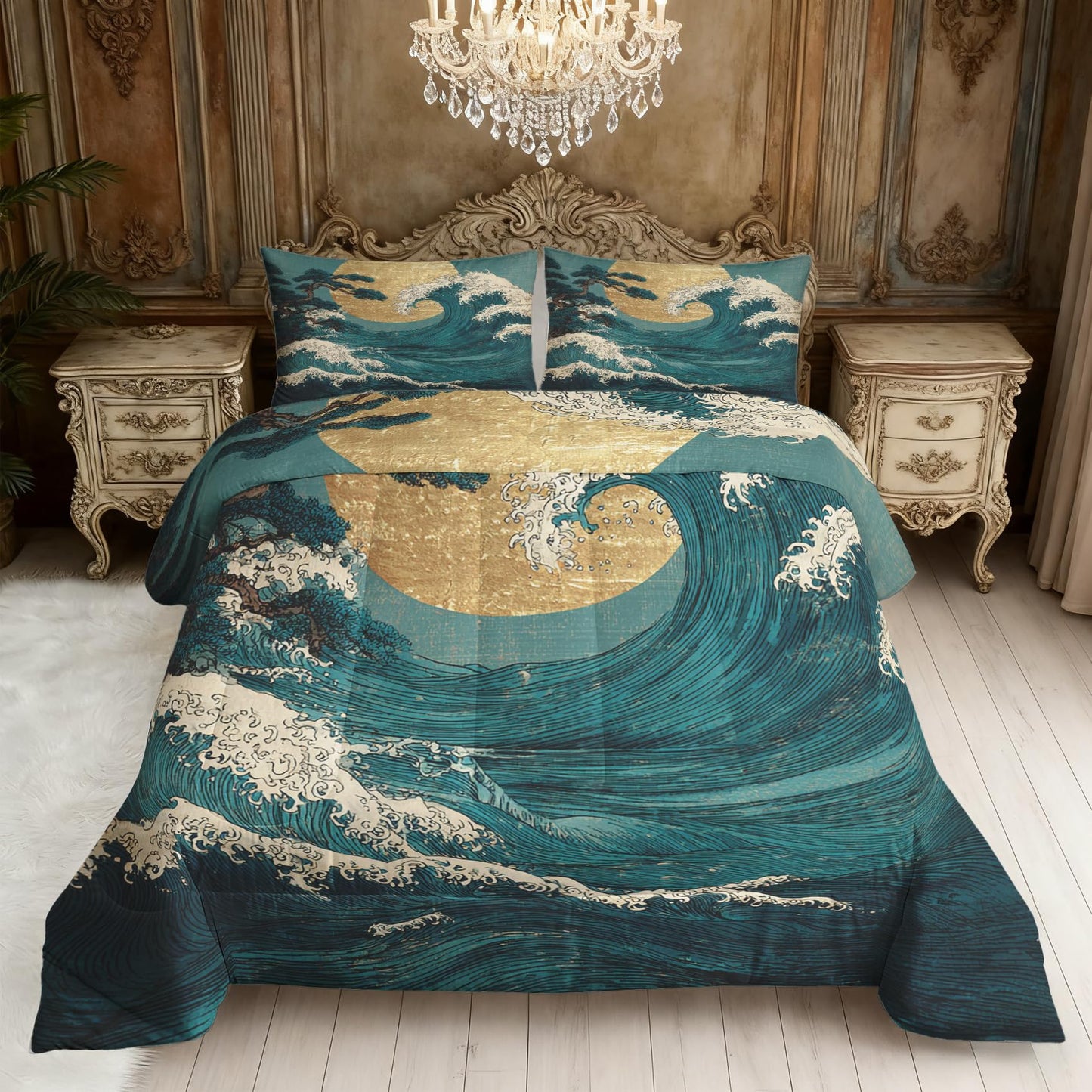 ZDABAOEC Japanese Wave Twin Comforter Set 2 Piece, 1 Pillow Sham, Oriental Asian Japan Style Reversible Down Alternative All Season Bedding, Soft Microfiber, Japanese Wave Bedroom Decor