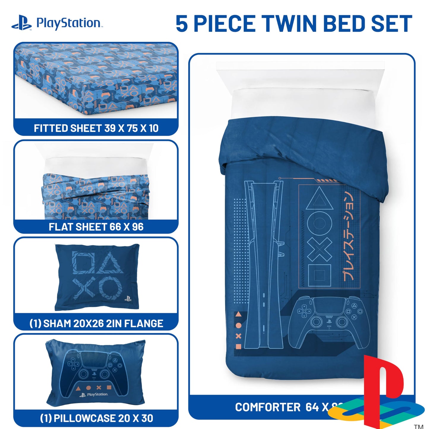 Jay Franco Kids Bed Set, Blue, PlayStation, 5 Piece Twin