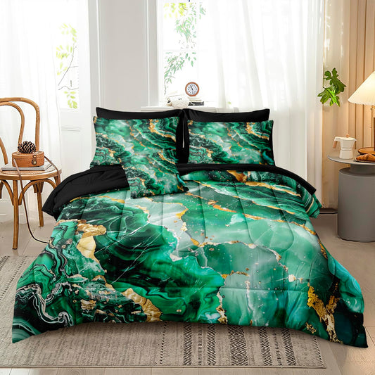 Bedbay Black Gold Comforter Set King Size Green Gold Marble Comforter 8 Pcs Emerald Green King Bed in a Bag Marble Bedding Set 1 Comforter 4 Pillowcases 1 Flat Sheet 1 Fitted Sheet 1 Cushion Cover