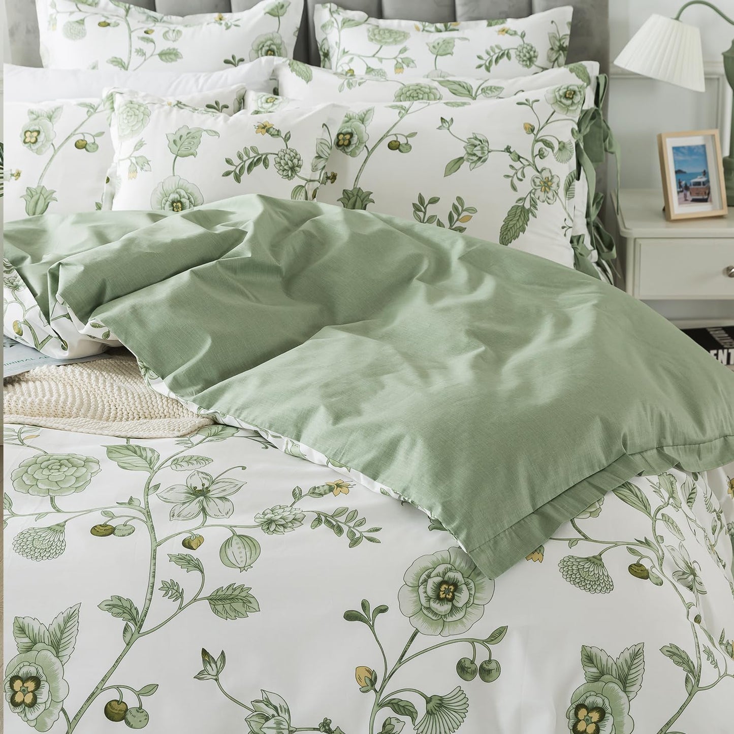 FADFAY Green Duvet Cover Set Full Floral Bedding 100% Cotton Shabby Vintage Reversible Zipper Farmhouse Comforter Cover Flower Print Bed Covers Girls Kids Pretty Bowknot Soft Breathable 3Pcs