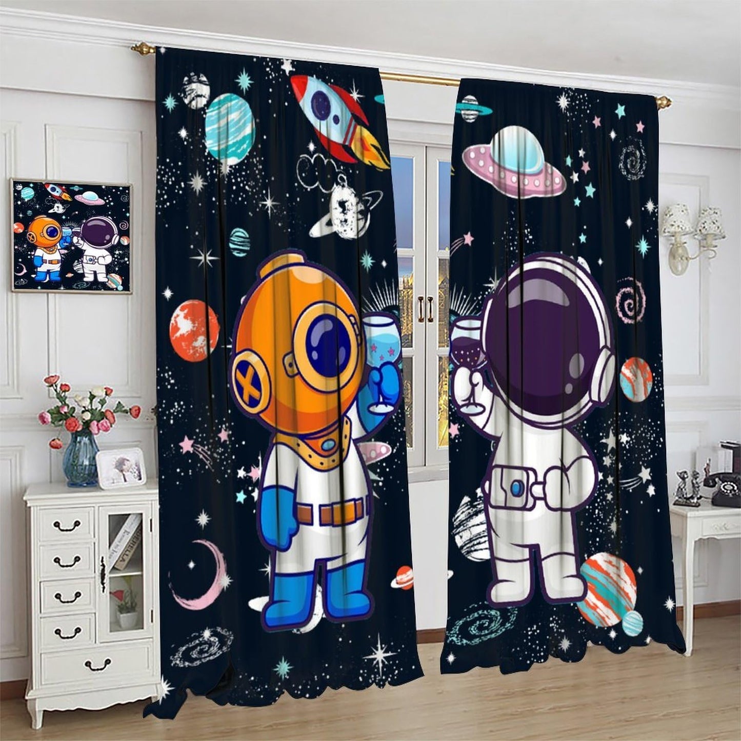 GoDazzling Cartoon Outer Space Curtains, Kids Astronaut Fantasy Window Drapes, for Boys Girls Bedroom Living Room 41" W X 45" L (No Blackout)