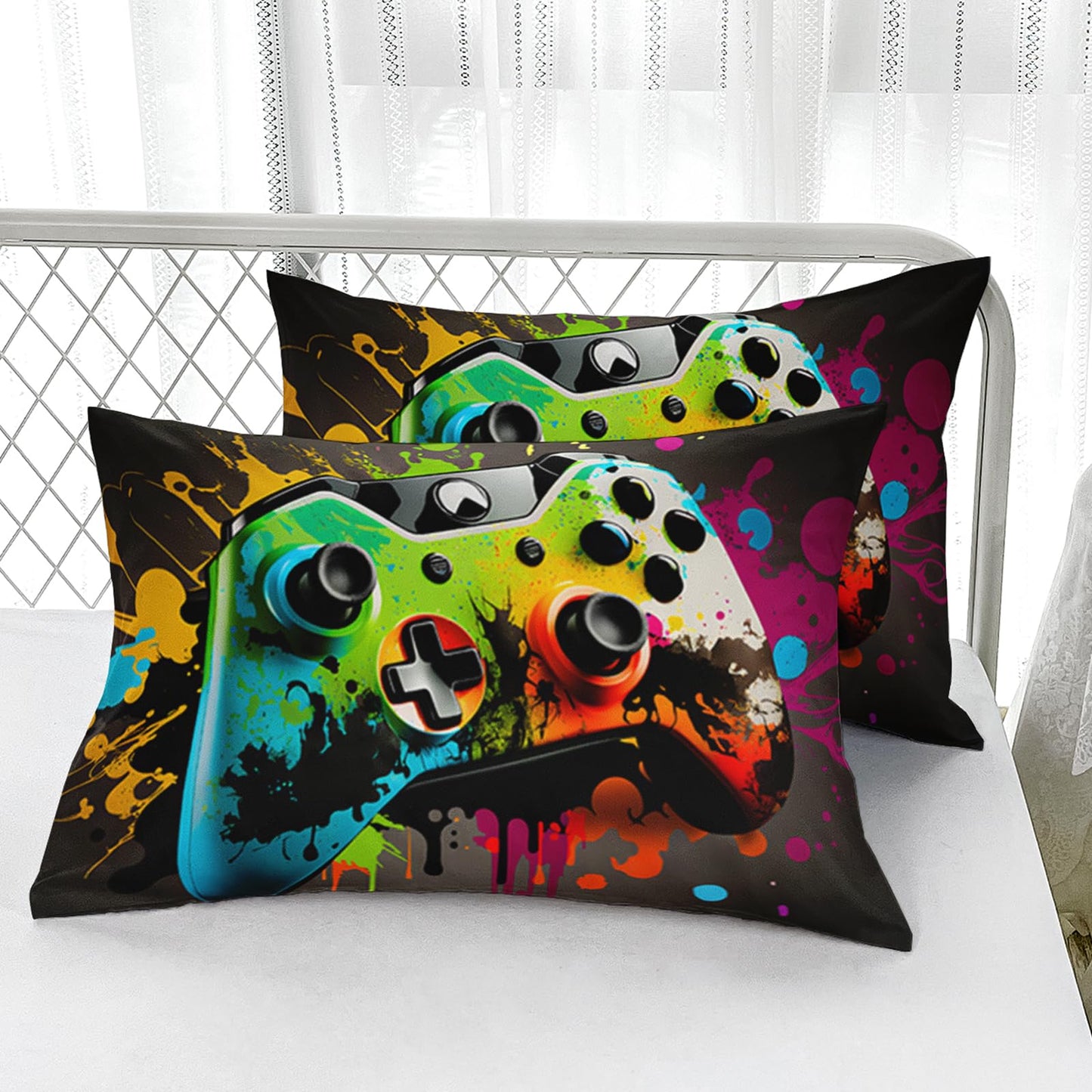 AILONEN Gaming Gamer Bedding Sheets Full Size,Graffiti Hip Hop Video Game Controller Gamepad Fitted Sheet with 2 Pillowcases,3Pcs
