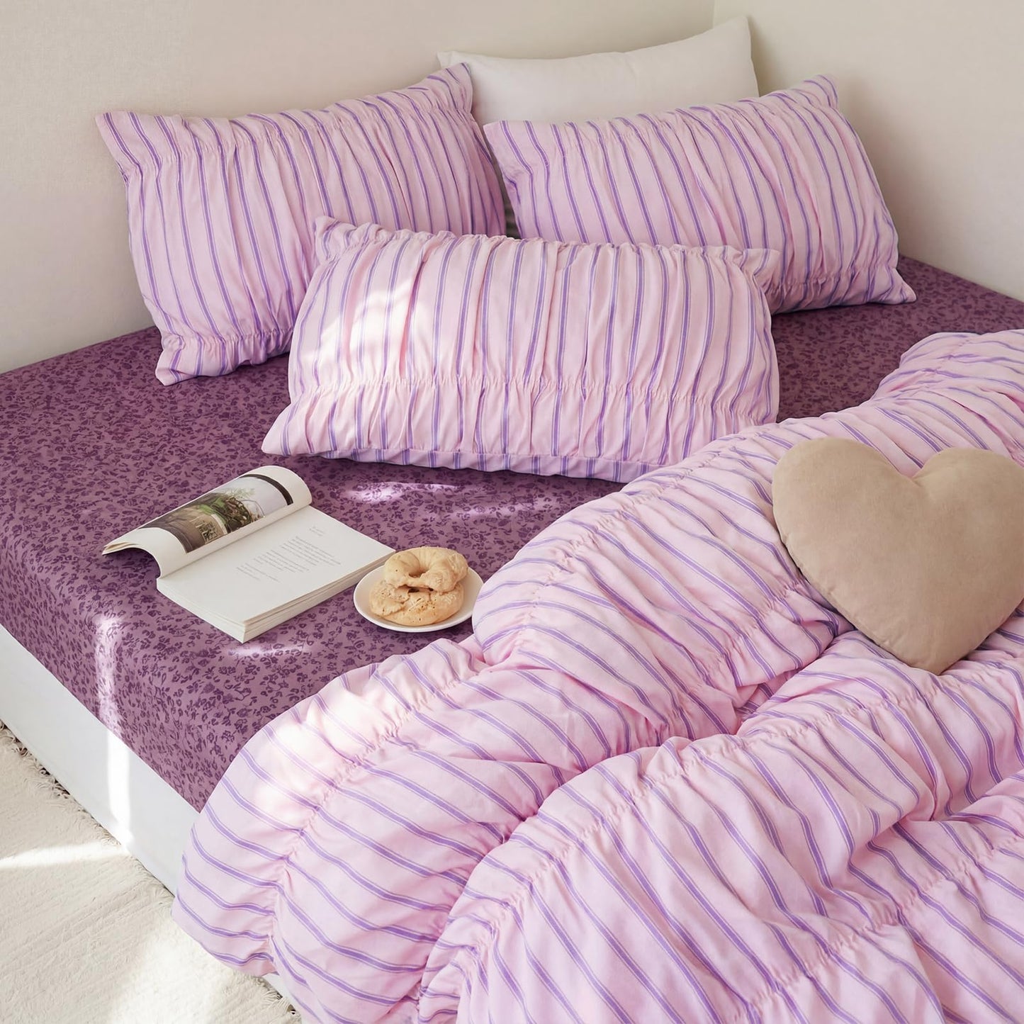 Merryword Pink Ruched Duvet Cover Set Queen Size 100% Cotton Bedding Set Pink and Purple Striped Aesthetic Duvet Cover with Zipper Closure and 8 Corner Ties