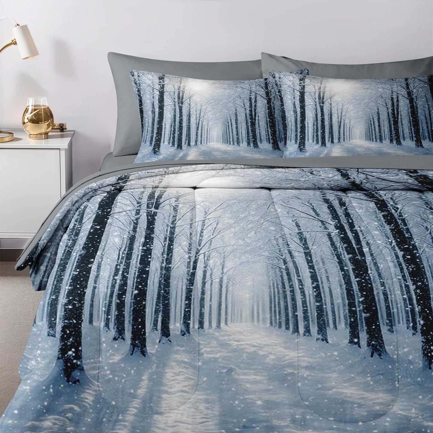 Nesker Christmas Comforter Set Full Size, Snowy Woodland Winter 7 Pcs Bedding for Kids and Adults, Frosted Forest Bed Sheet Sets with Fitted Sheet 2 Pillowcases & 2 Shams