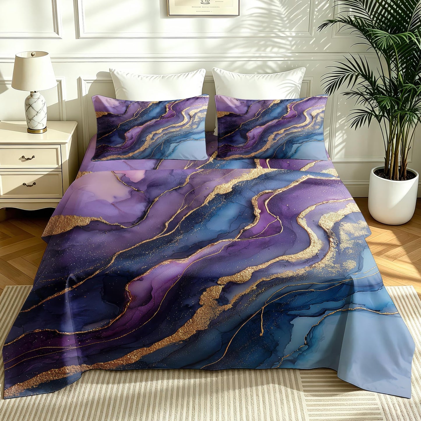 Purple Marble Full Sheet Set Abstract Flat Fitted Sheet Sets, Gold Purple