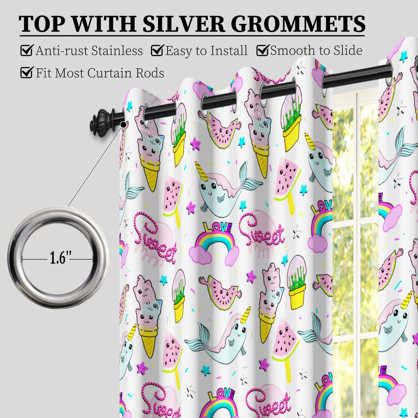 AOFOTO Cute Unicorn Narwhal Rainbow Pattern Kids Bedroom Curtains 2 Panel Sets, Summer Watermelon Ice Cream Print Blackout Curtains Pink Window Drapes for Girls Bedroom Nursery Decor 42x63 Inches